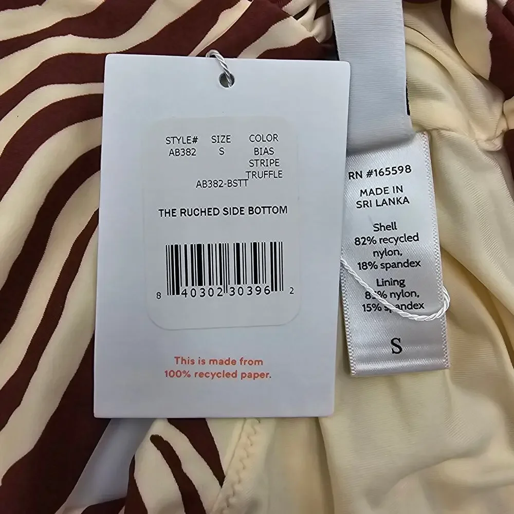 Andie Swim Womans size S The Ruched Side Bikini Bottom Bias Stripe Truffle NEW